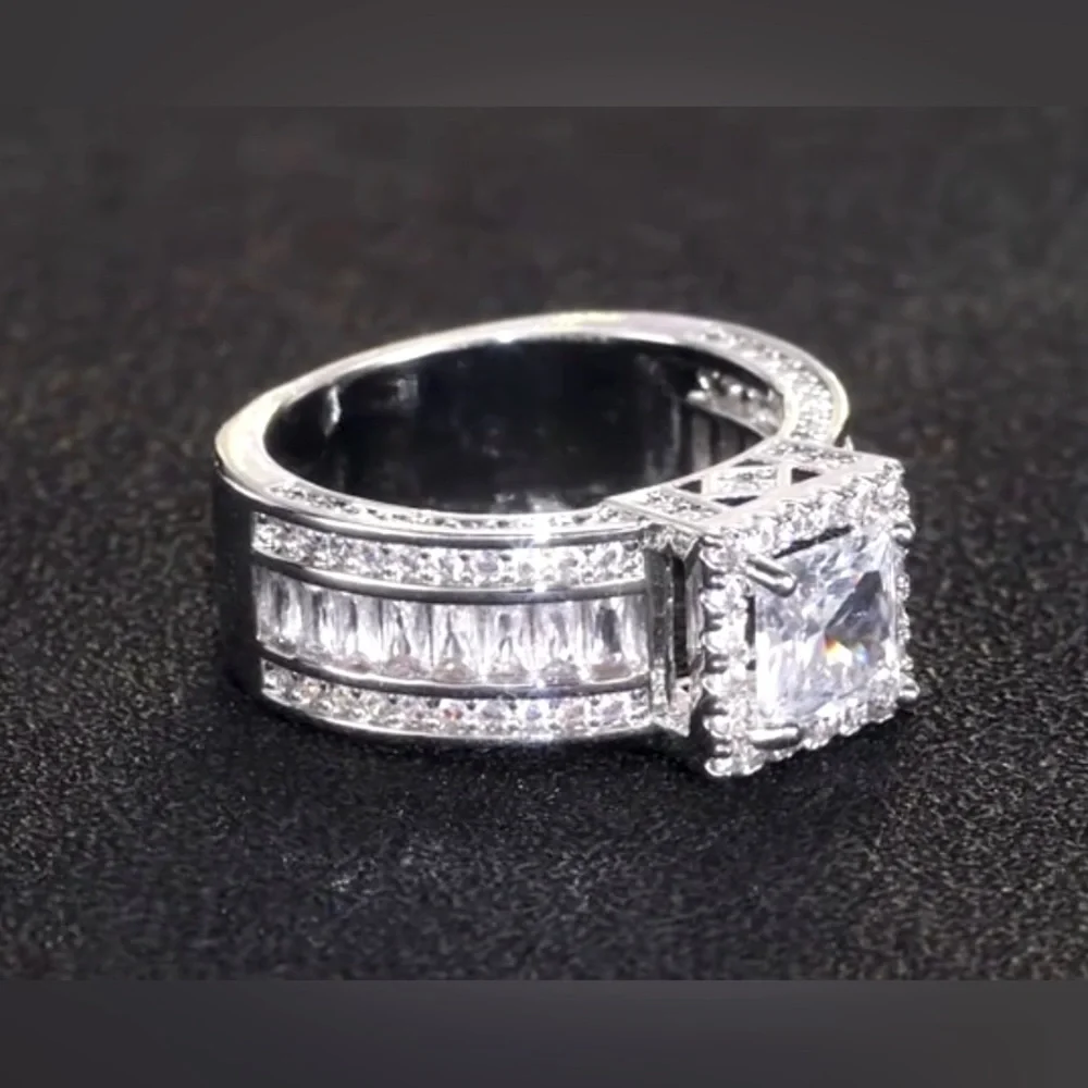Diamond Zircon Ring with 4 Prong Halo setting, New, Size 6